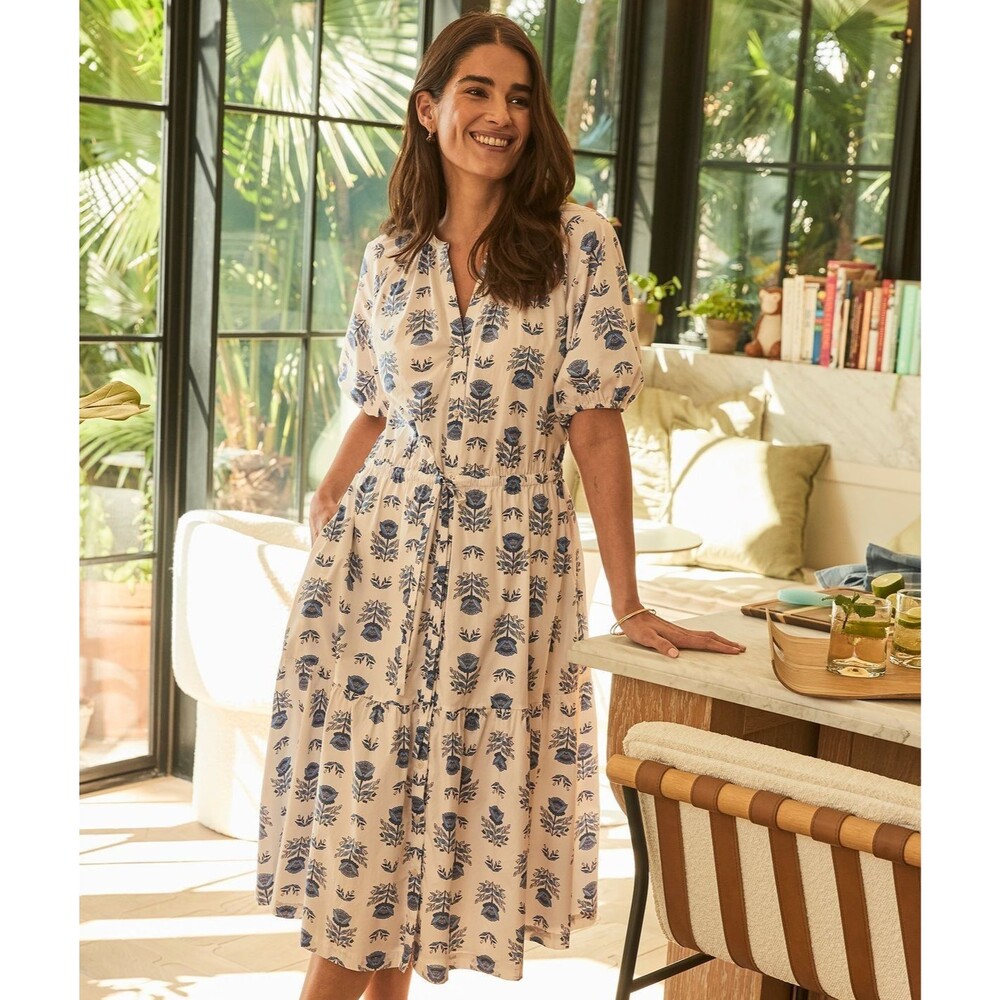 Women's Cream Midi Dress with Blue Floral Print